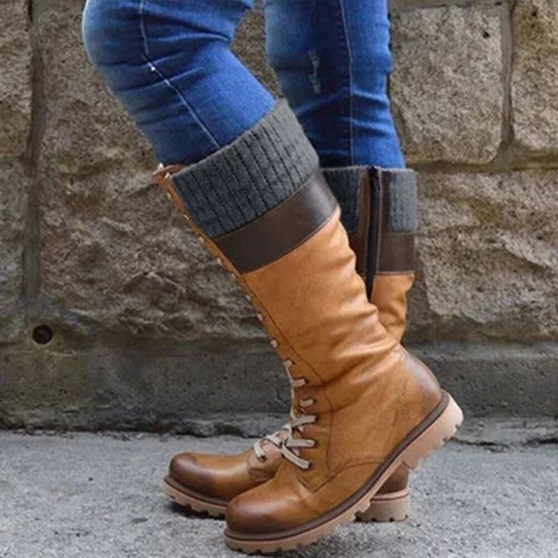 Dame Pluss Størrelse Søm Rund Tå Behagelige Uformelle Lace Up Mid Calf Boots