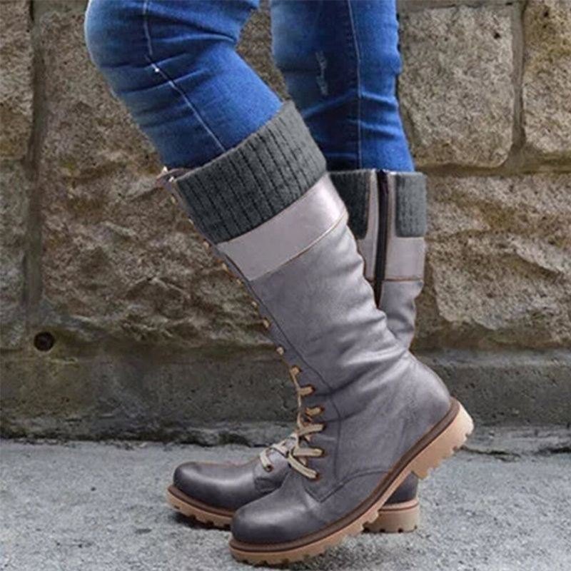 Dame Pluss Størrelse Søm Rund Tå Behagelige Uformelle Lace Up Mid Calf Boots