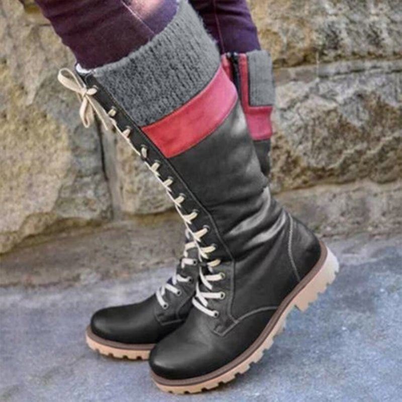 Dame Pluss Størrelse Søm Rund Tå Behagelige Uformelle Lace Up Mid Calf Boots