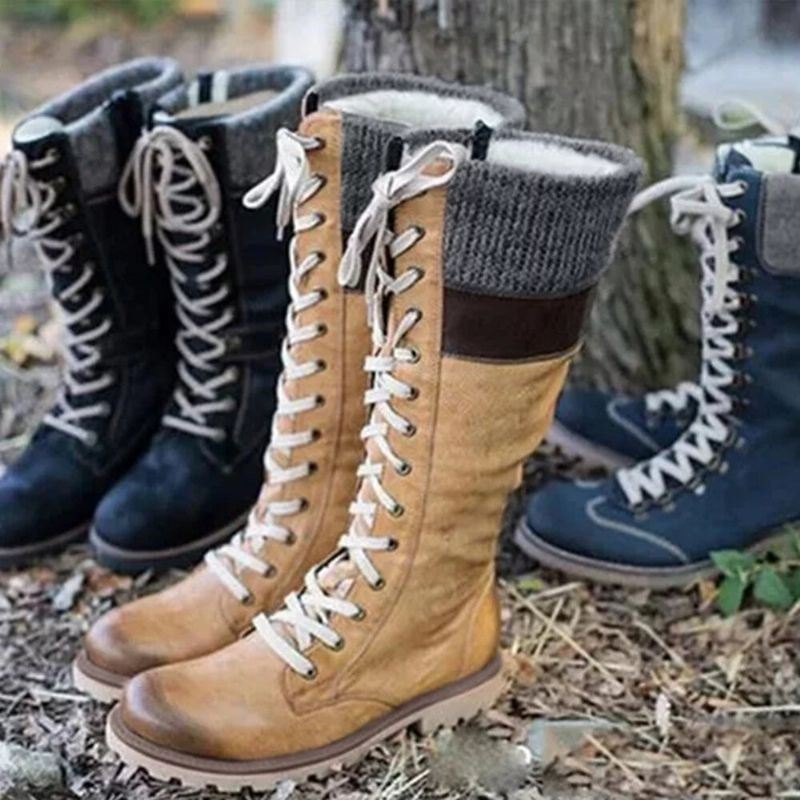 Dame Pluss Størrelse Søm Rund Tå Behagelige Uformelle Lace Up Mid Calf Boots