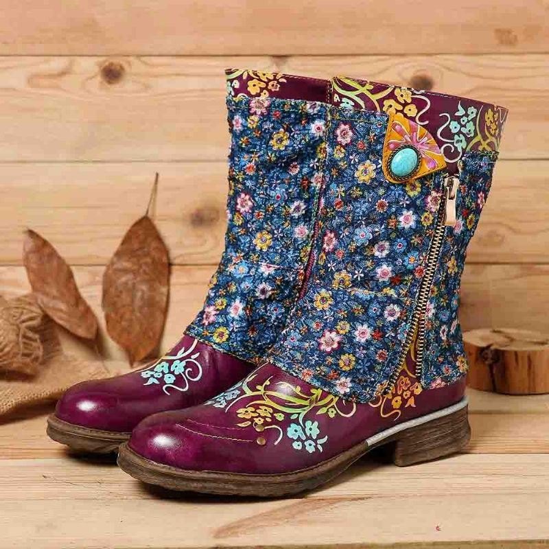 Dame Retro Blomster Mønster Stitching Glidelås Flat Boots