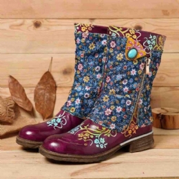 Dame Retro Blomster Mønster Stitching Glidelås Flat Boots