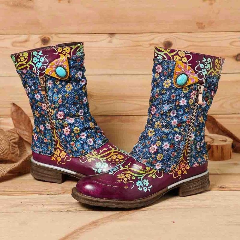 Dame Retro Blomster Mønster Stitching Glidelås Flat Boots