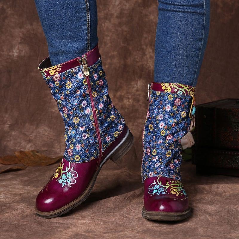 Dame Retro Blomster Mønster Stitching Glidelås Flat Boots