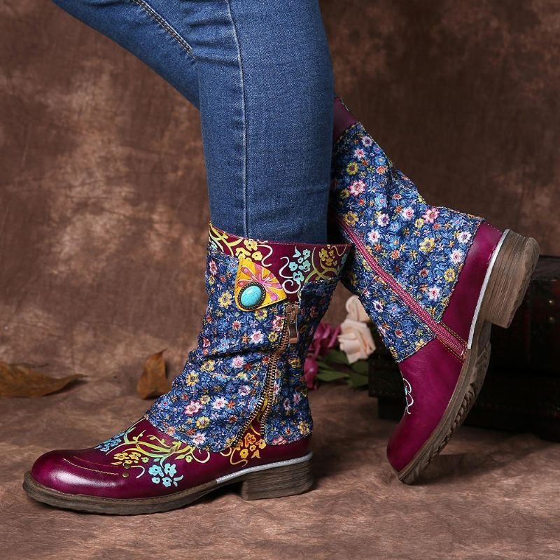 Dame Retro Blomster Mønster Stitching Glidelås Flat Boots