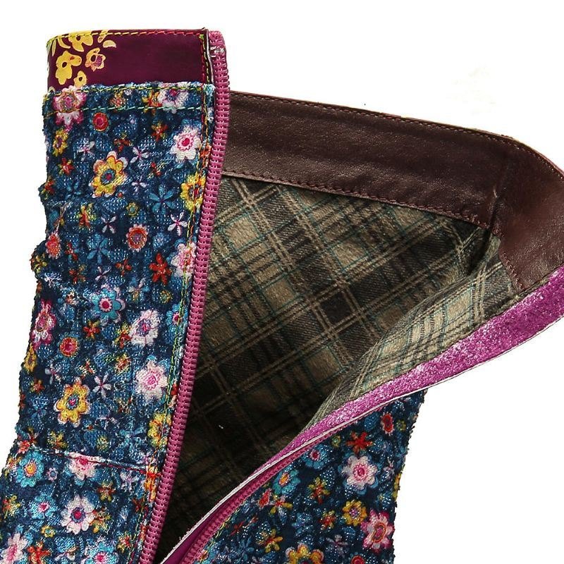 Dame Retro Blomster Mønster Stitching Glidelås Flat Boots