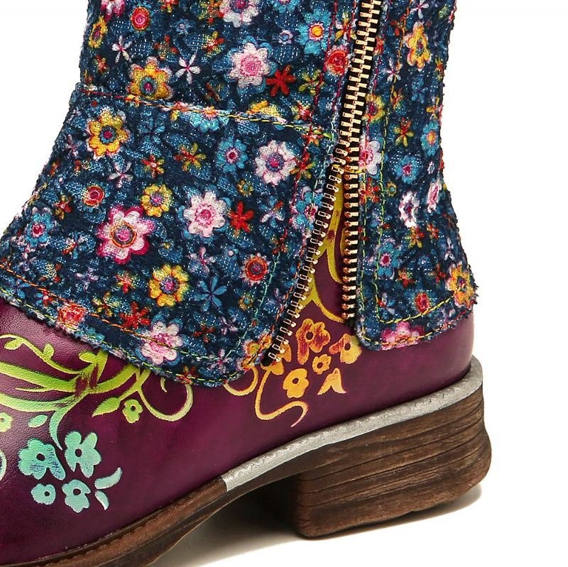 Dame Retro Blomster Mønster Stitching Glidelås Flat Boots