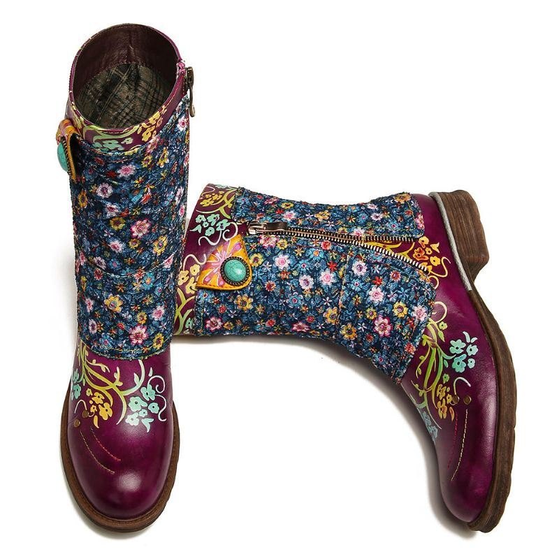 Dame Retro Blomster Mønster Stitching Glidelås Flat Boots