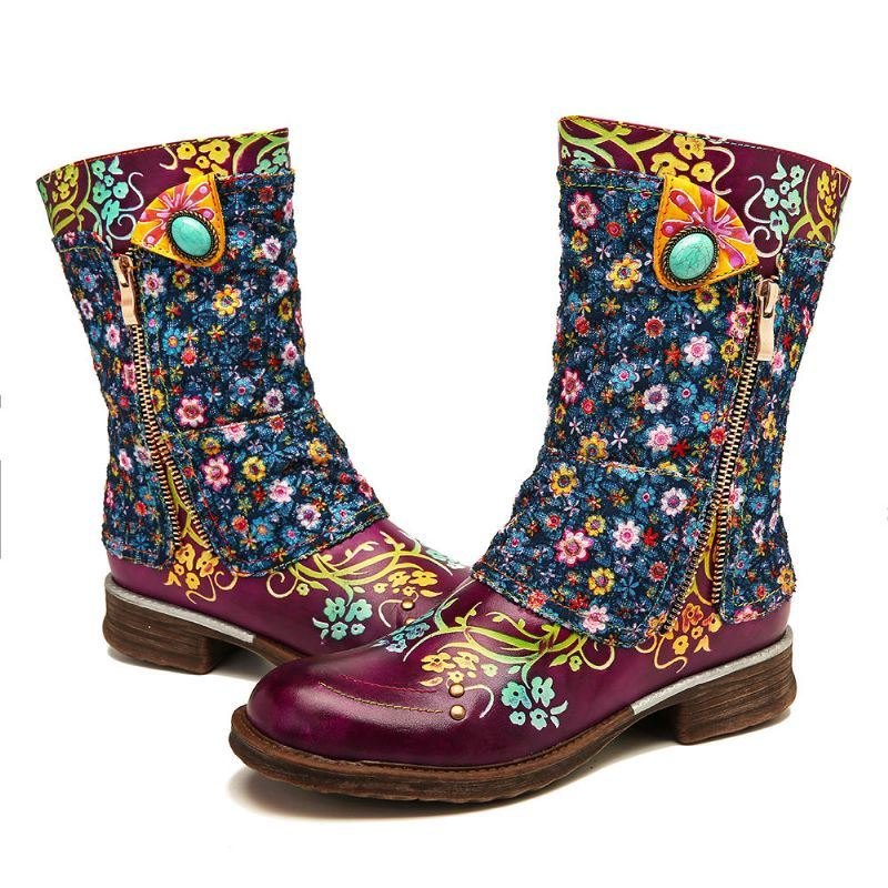 Dame Retro Blomster Mønster Stitching Glidelås Flat Boots