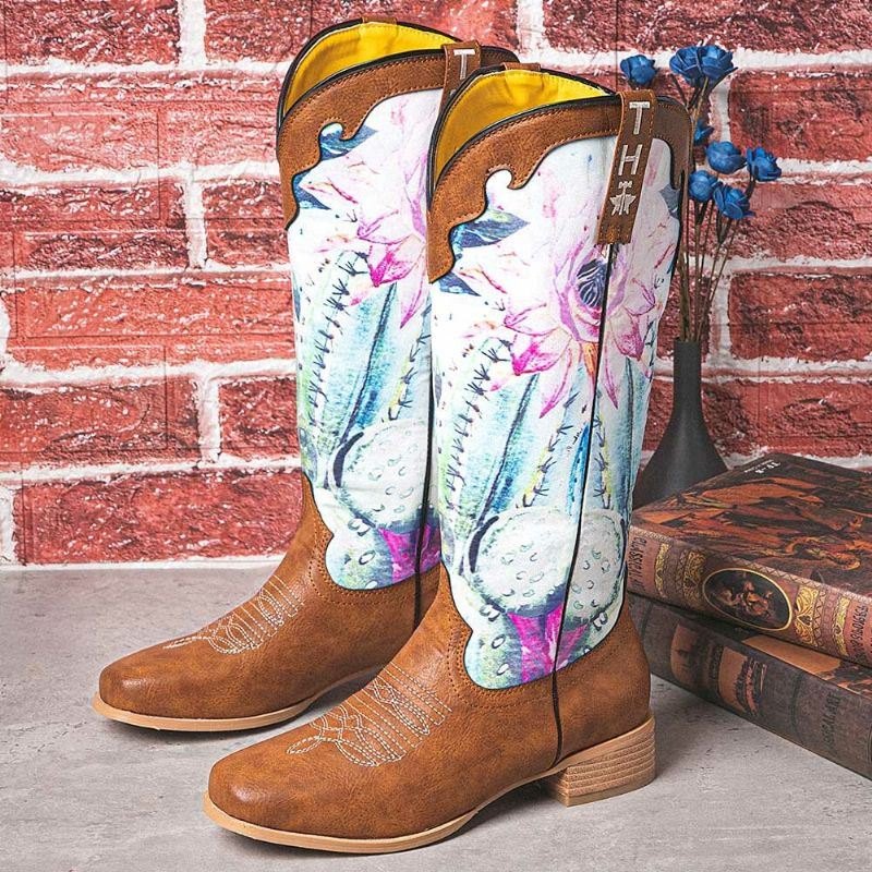 Dame Retro Blomstertrykk Firkantet Toe Slip-on Cowboy Boots