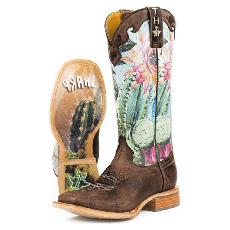 Dame Retro Blomstertrykk Firkantet Toe Slip-on Cowboy Boots