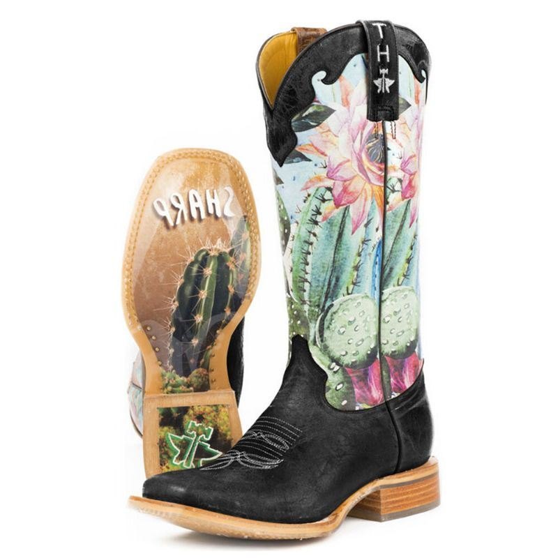 Dame Retro Blomstertrykk Firkantet Toe Slip-on Cowboy Boots