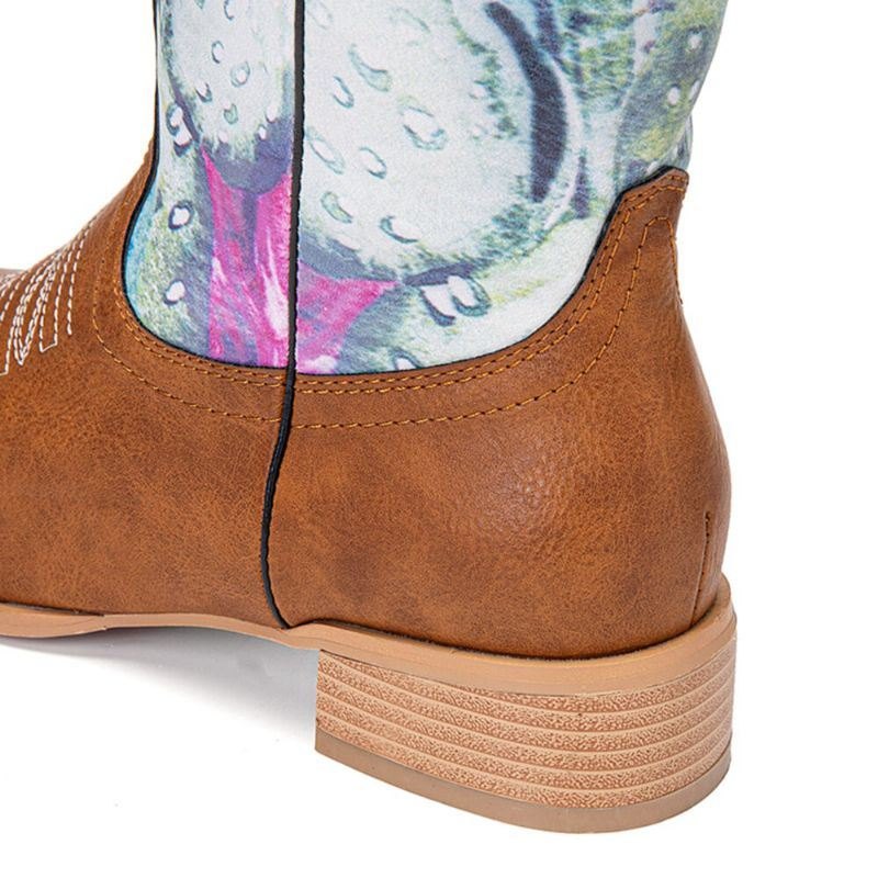 Dame Retro Blomstertrykk Firkantet Toe Slip-on Cowboy Boots