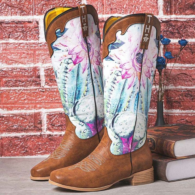 Dame Retro Blomstertrykk Firkantet Toe Slip-on Cowboy Boots