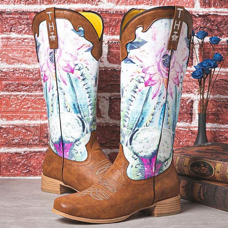 Dame Retro Blomstertrykk Firkantet Toe Slip-on Cowboy Boots