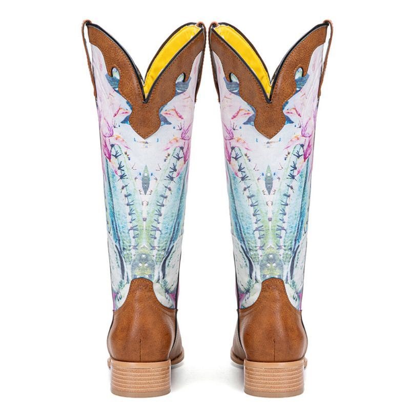 Dame Retro Blomstertrykk Firkantet Toe Slip-on Cowboy Boots