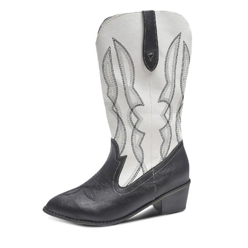 Dame Retro Brief Broderi Skinn Spiss-tå Midt-legge England Style Casual Knight Boots