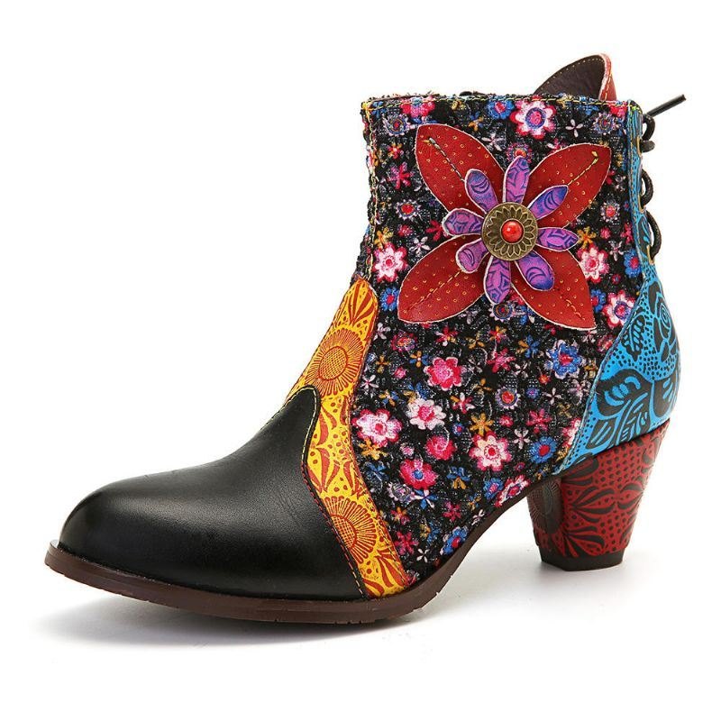 Dame Retro Leaf Flower Leather Comfy Zipper Ankel Boots