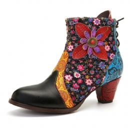 Dame Retro Leaf Flower Leather Comfy Zipper Ankel Boots