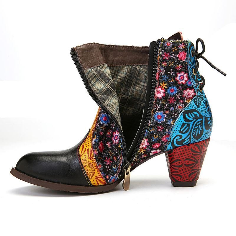 Dame Retro Leaf Flower Leather Comfy Zipper Ankel Boots