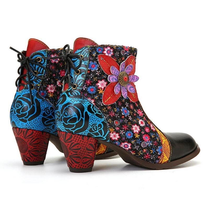 Dame Retro Leaf Flower Leather Comfy Zipper Ankel Boots