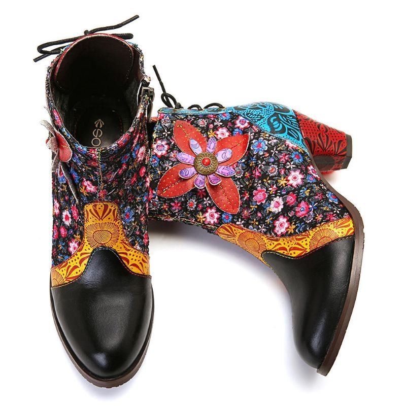 Dame Retro Leaf Flower Leather Comfy Zipper Ankel Boots