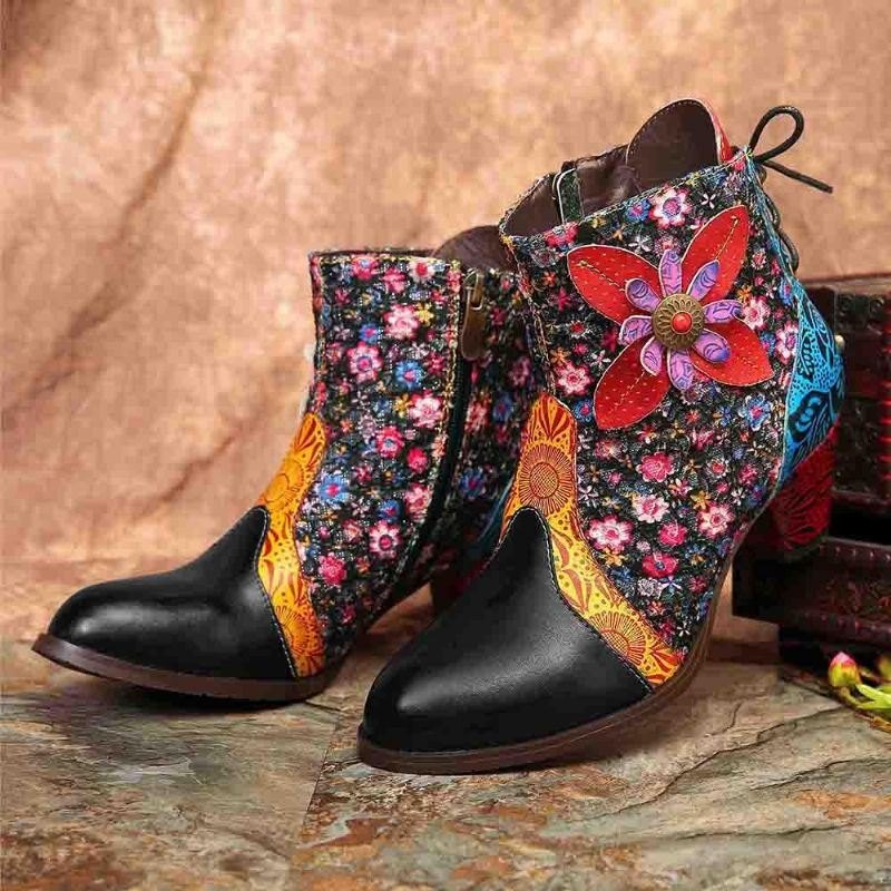 Dame Retro Leaf Flower Leather Comfy Zipper Ankel Boots