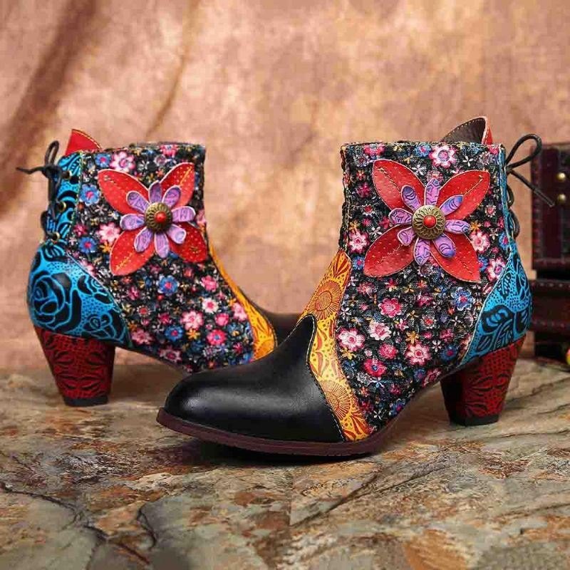 Dame Retro Leaf Flower Leather Comfy Zipper Ankel Boots