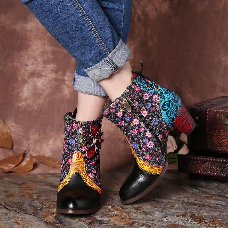 Dame Retro Leaf Flower Leather Comfy Zipper Ankel Boots