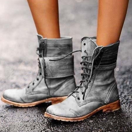 Dame Retro Leather Lace Up Block Heel Short Boots