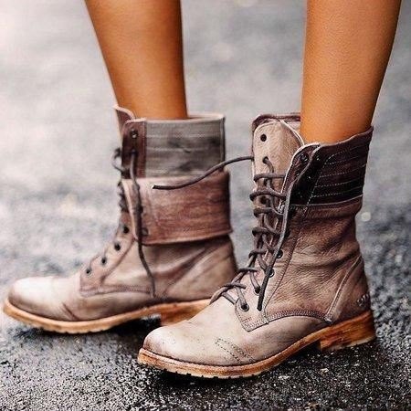 Dame Retro Leather Lace Up Block Heel Short Boots