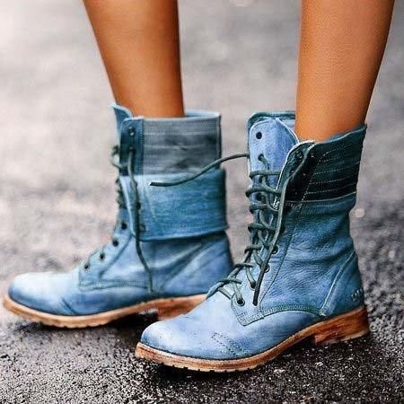 Dame Retro Leather Lace Up Block Heel Short Boots