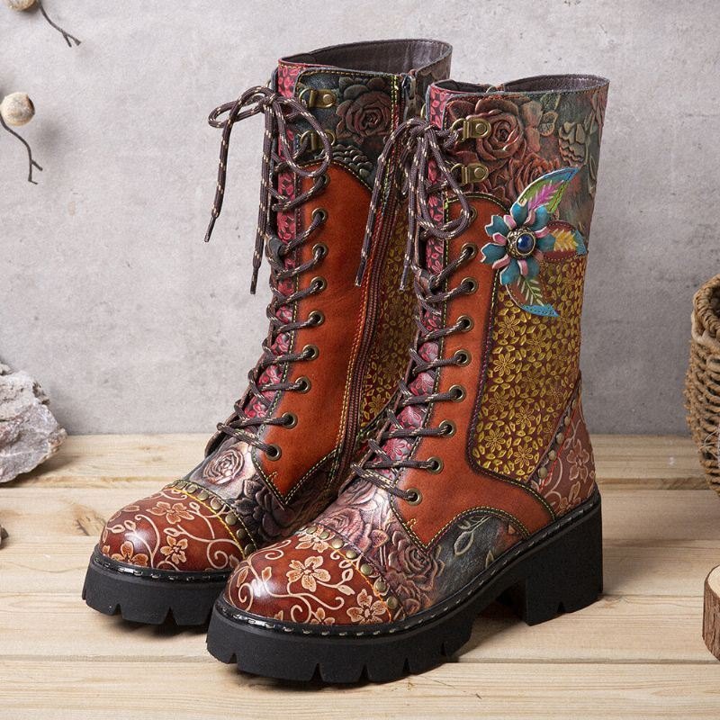 Dame Retro Rub Farge Tredimensjonale Blomster Deco Mid-tube Boots