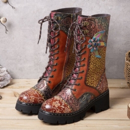 Dame Retro Rub Farge Tredimensjonale Blomster Deco Mid-tube Boots