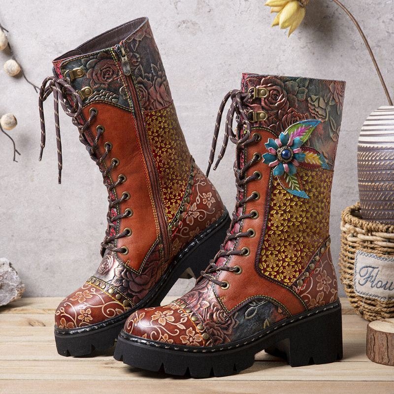 Dame Retro Rub Farge Tredimensjonale Blomster Deco Mid-tube Boots