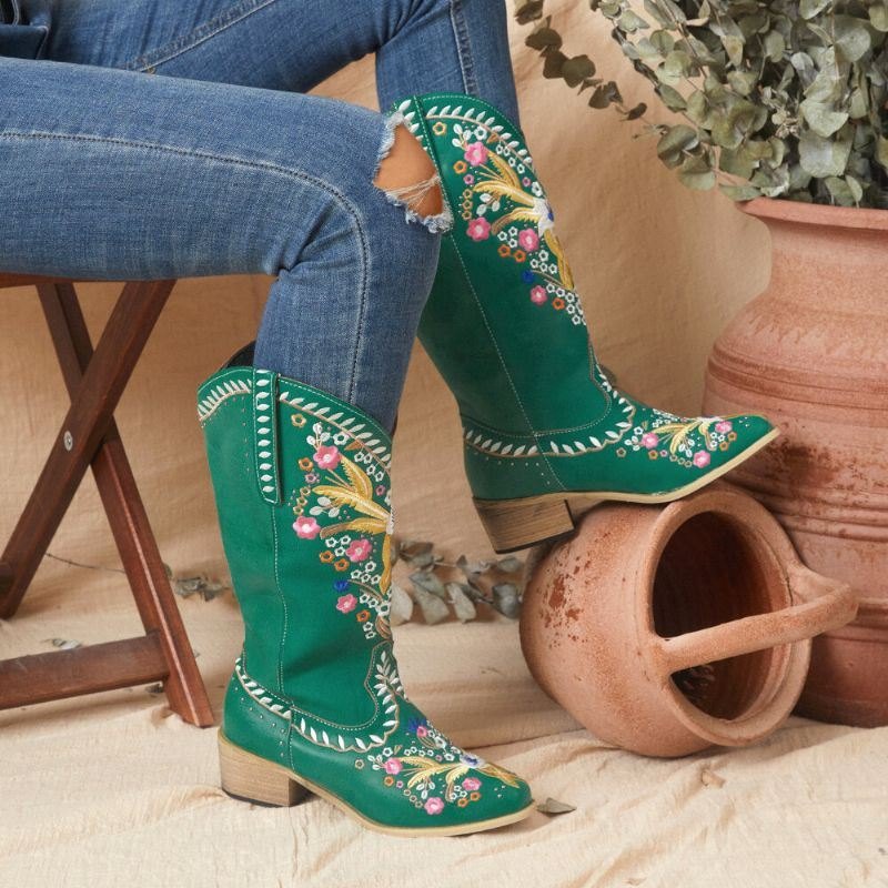 Dame Skinn Retro Blomstertrykk Bærbar Komfortabel Slip On Chunky Heel Cowboystøvler På Midten Av Leggen