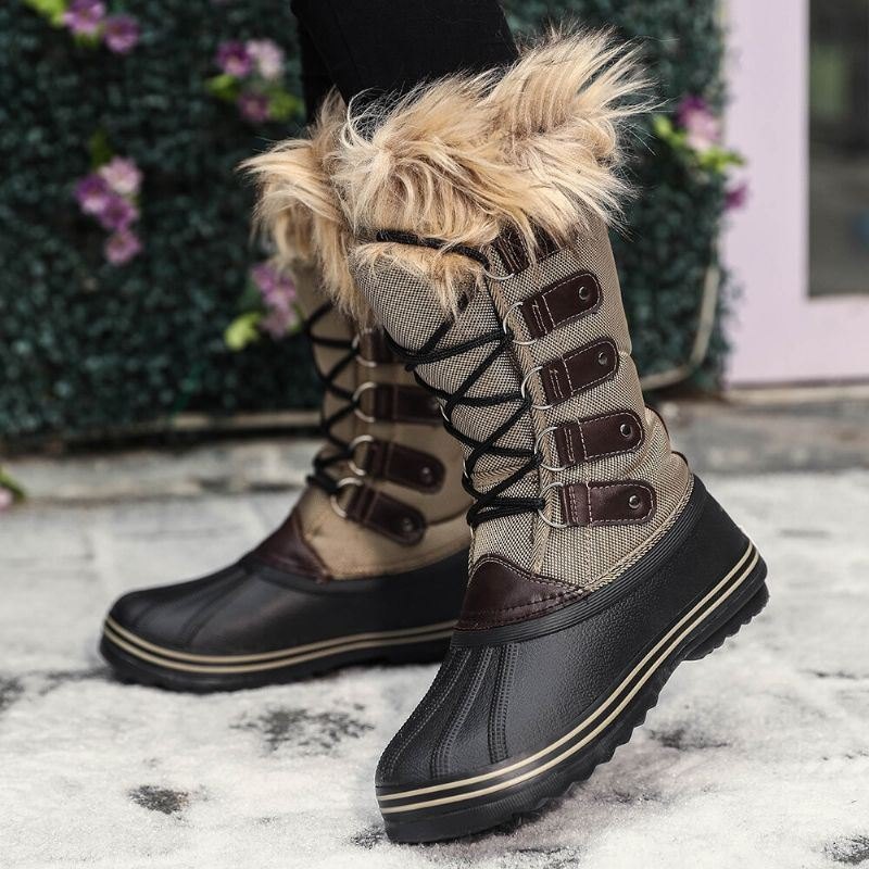 Dame Solid Furry Varm Sklibestandig Cross Strap Mid Calf Snow Boots