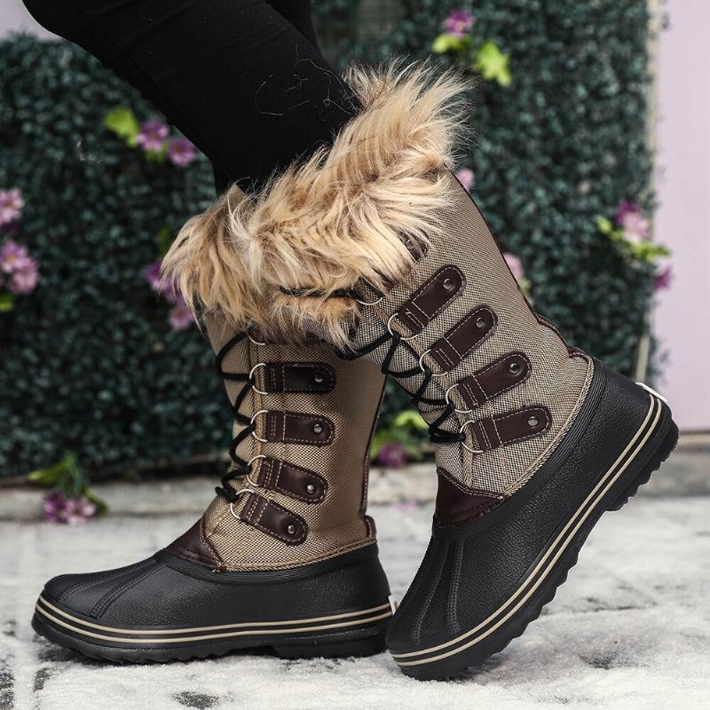 Dame Solid Furry Varm Sklibestandig Cross Strap Mid Calf Snow Boots