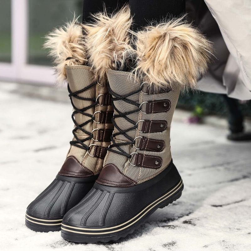 Dame Solid Furry Varm Sklibestandig Cross Strap Mid Calf Snow Boots