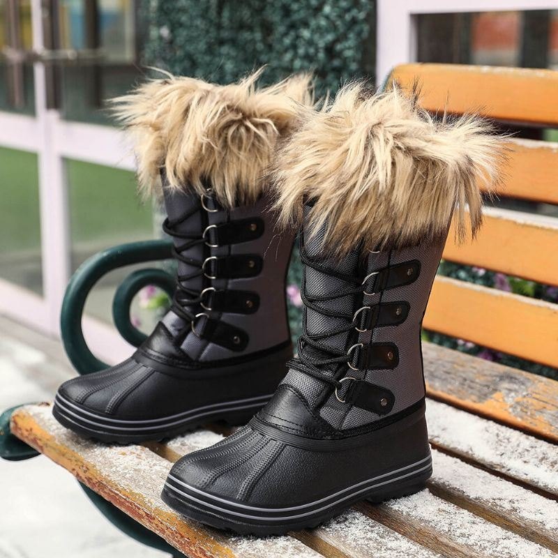 Dame Solid Furry Varm Sklibestandig Cross Strap Mid Calf Snow Boots