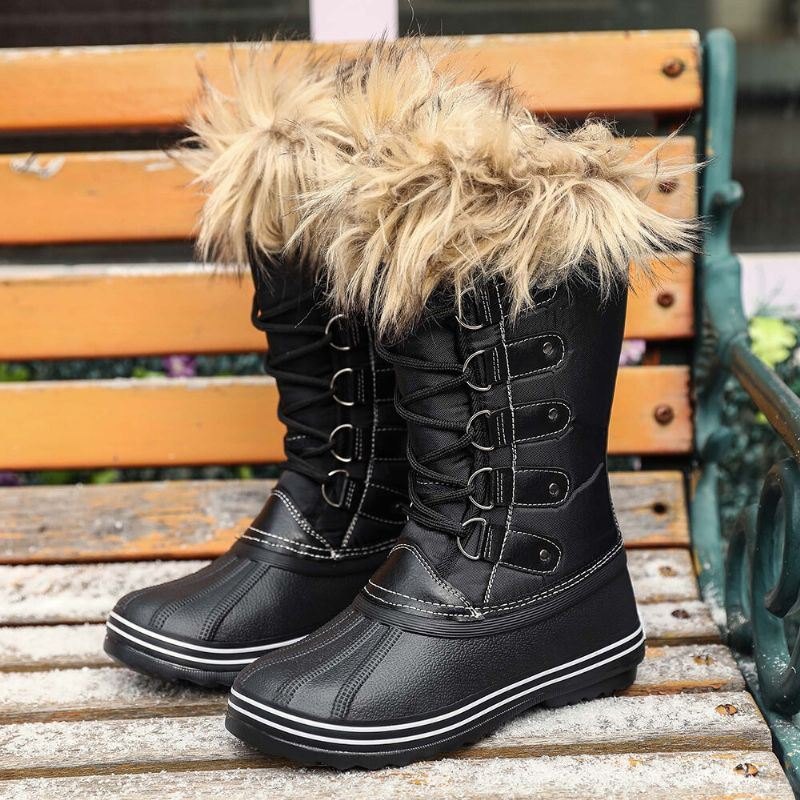 Dame Solid Furry Varm Sklibestandig Cross Strap Mid Calf Snow Boots