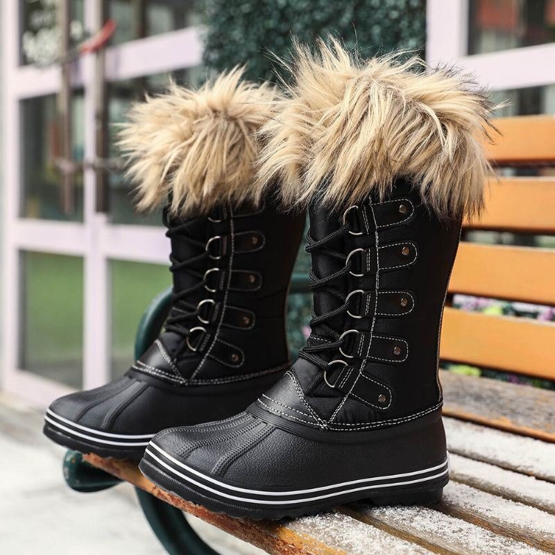 Dame Solid Furry Varm Sklibestandig Cross Strap Mid Calf Snow Boots