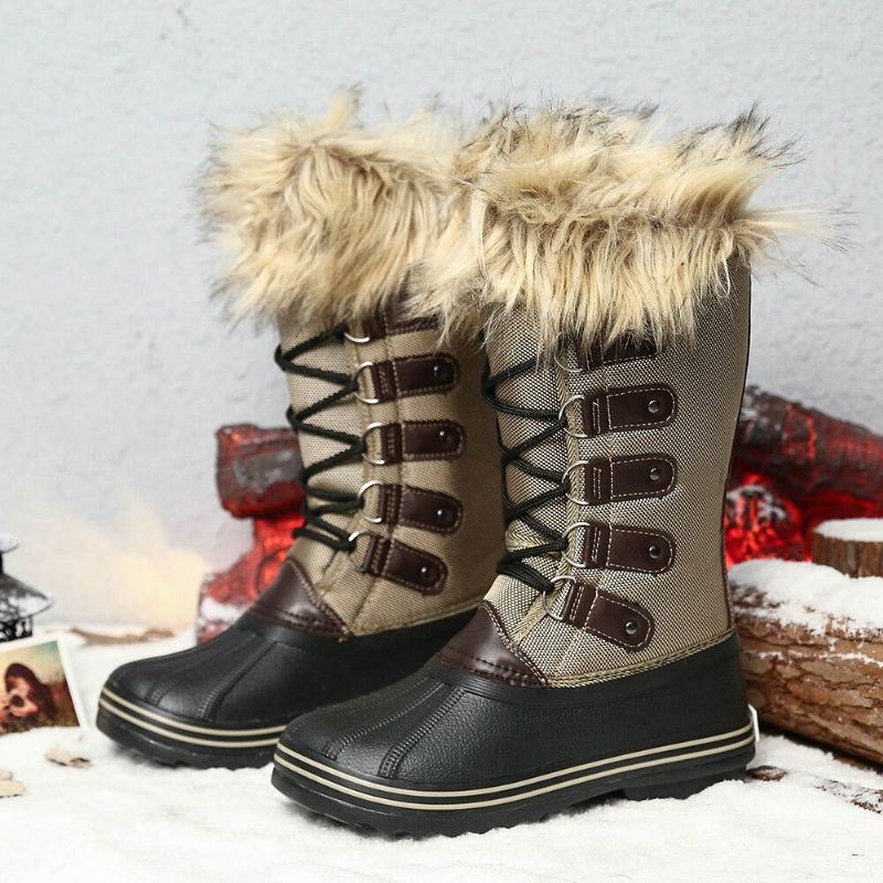 Dame Solid Furry Varm Sklibestandig Cross Strap Mid Calf Snow Boots