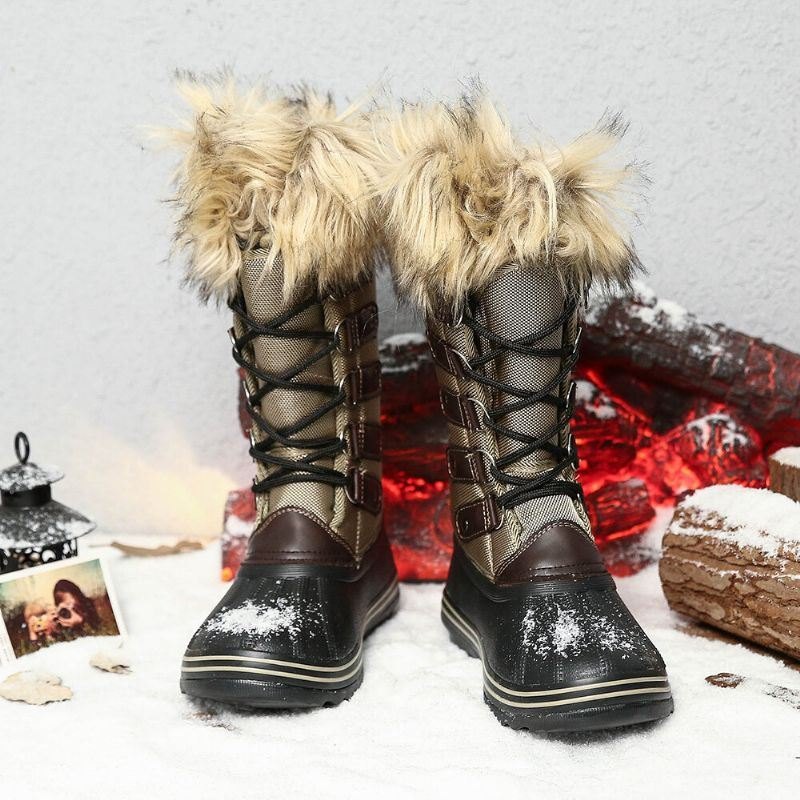 Dame Solid Furry Varm Sklibestandig Cross Strap Mid Calf Snow Boots