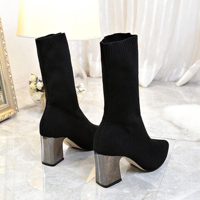 Elastiske Sokkestøvler For Dame Chunky Heel Mid Calf Boots