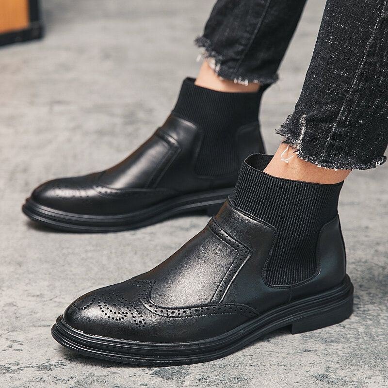 Herre Brogue Comfy Elastic Slip On Chelsea Boots