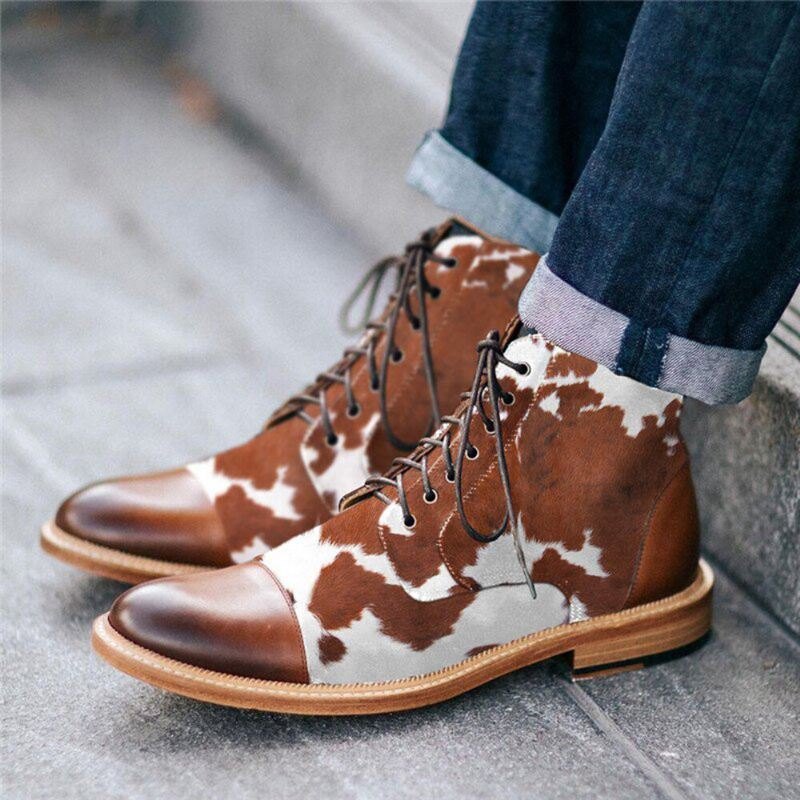 Herre Cow Spot Printed Cap Toe Comfy Ankel Jack Boots