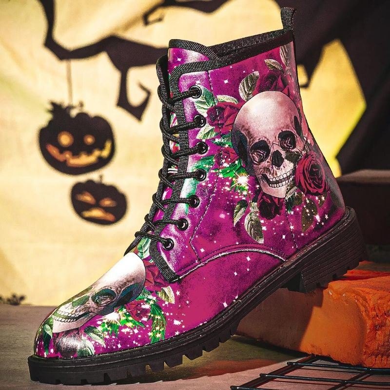 Herre Skinn Halloween Myk Såle Rund Tå Funny Skull Printing Casual Martin Boots