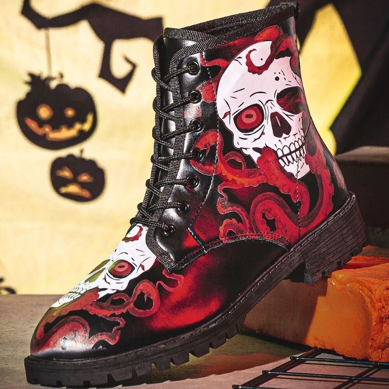 Herre Skinn Halloween Myk Såle Rund Tå Plattform Skull Printing Comfy Casual Boots