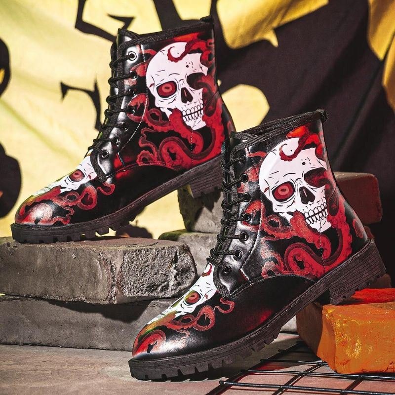 Herre Skinn Halloween Myk Såle Rund Tå Plattform Skull Printing Comfy Casual Boots